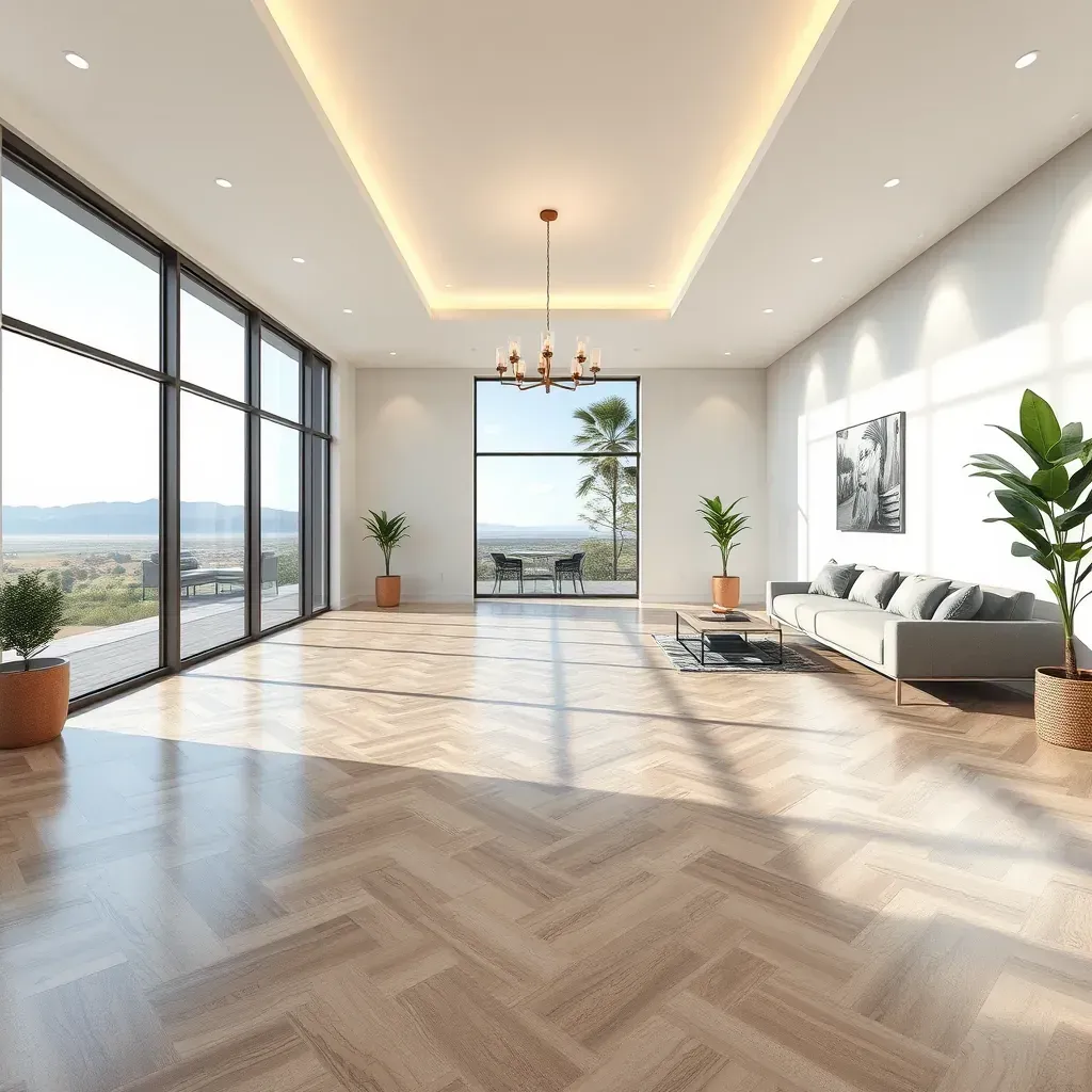 High-quality oak hardwood flooring in a modern Vista, CA interior with natural light, contemporary decor, and lush outdoor views.