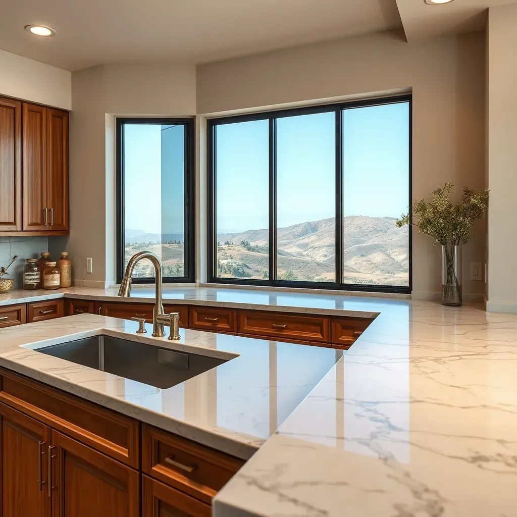 Modern Vista, CA kitchen countertops featuring granite or quartz, natural sunlight highlighting textures in a sleek, contemporary setting.