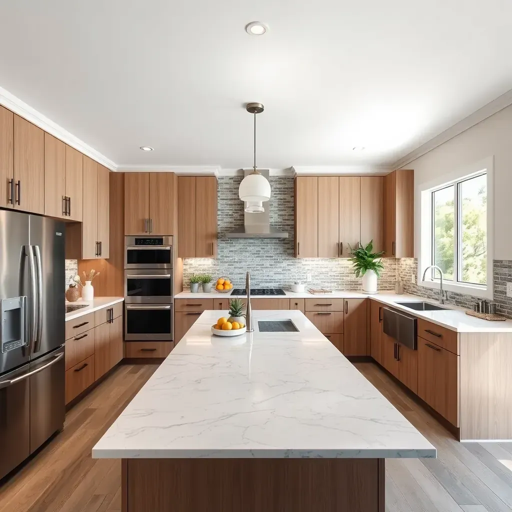 Modern lakeside kitchen in Lake San Marcos, CA with oak cabinets, quartz island, stainless appliances, and lake-view windows.