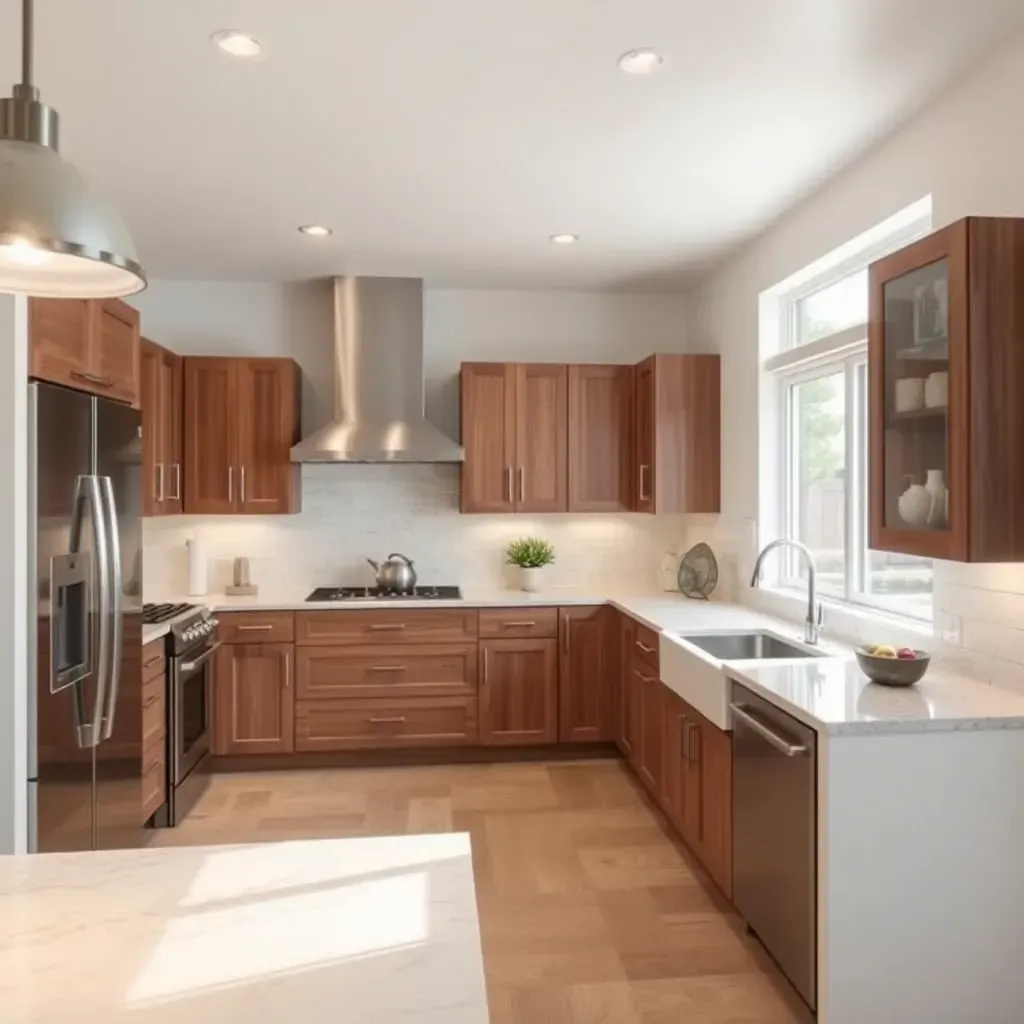 Modern, stylish Fairbanks Ranch kitchen featuring oak and black cabinets, white quartz counters, glass backsplash, and large windows.