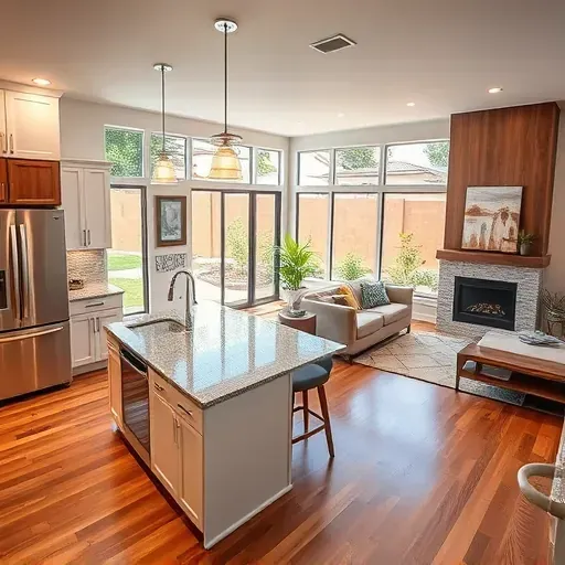 Modern kitchen remodel in Sabre Springs CA with granite countertops, stainless steel appliances, and inviting living room.