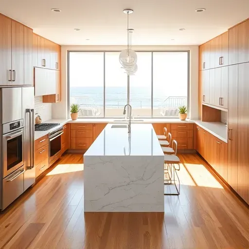 Beautiful remodeled Oceanside kitchen with modern design, coastal views, sleek countertops, stainless appliances, and warm wood cabinetry