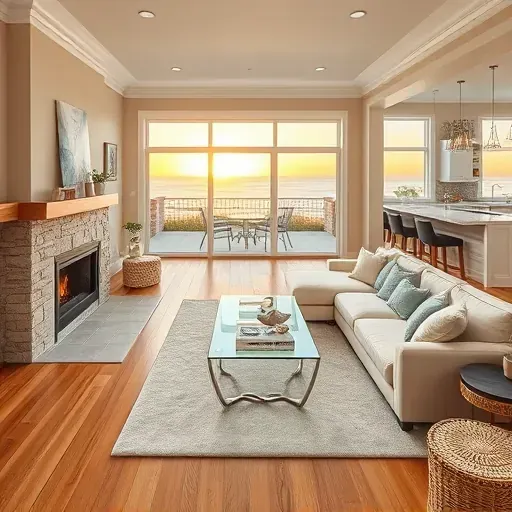 Coastal-style interior in Oceanside, CA, featuring a bright living room with ocean views, hardwood floors, and elegant decor.