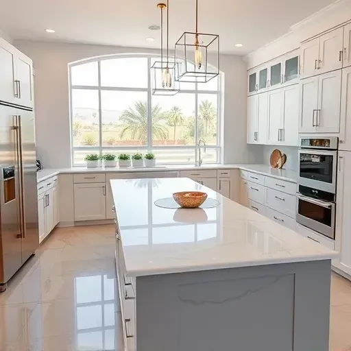 Renovated California kitchen with quartz countertops, stainless appliances, custom cabinets, marble island, pendant lights, and large windows