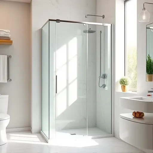 Freshly installed frameless glass shower door in a modern bathroom with marble tiles, chrome hardware, and elegant decor