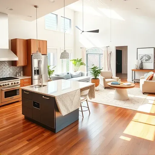 Stylish open-concept living space in Normal Heights CA with elegant kitchen, natural light, and polished hardwood flooring