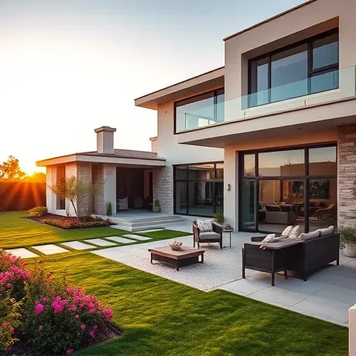 Home remodeling in Fairbanks Ranch CA features modern design, natural stone accents, landscaped gardens, and sunset view.