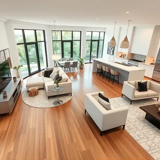 Whole-home remodeling in Jupiter FL featuring an open living space with hardwood floors, elegant decor, and tropical views.