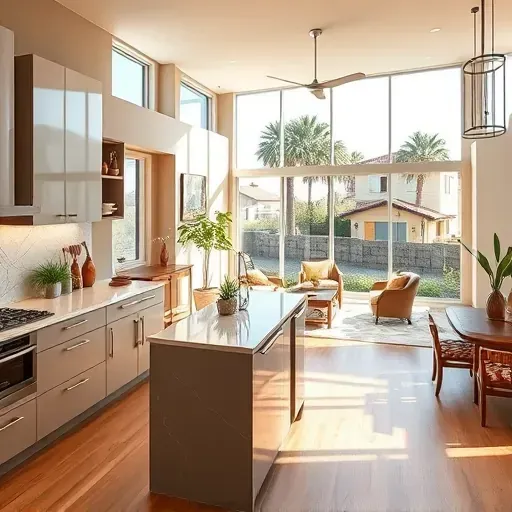 Beautifully remodeled kitchen in Carmel Mountain Ranch with modern cabinetry, marble countertops, and cozy living area.