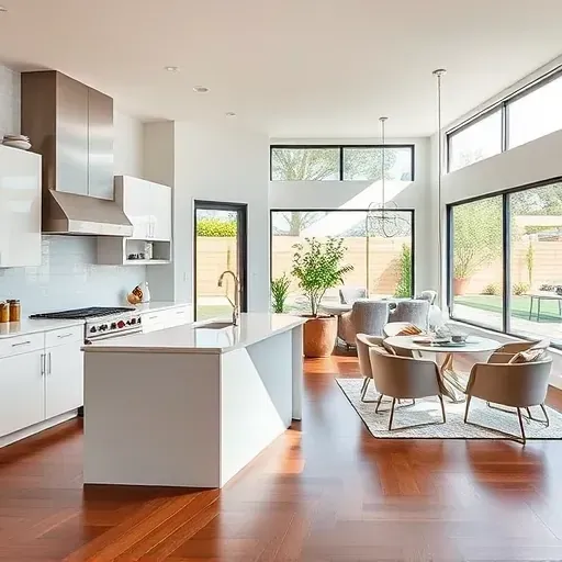 Bright renovated Vista CA kitchen and living space with modern design, sleek cabinetry, natural light, hardwood floors and stylish decor