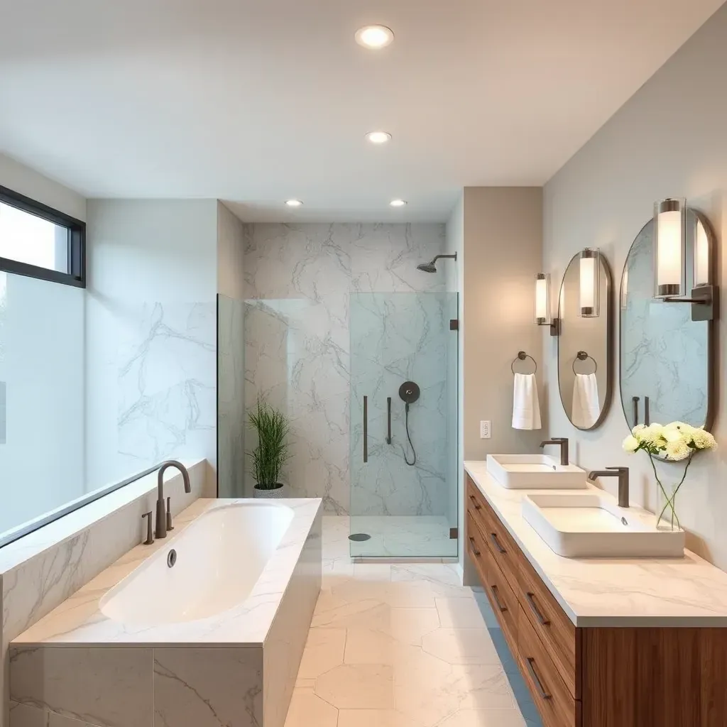 Modern Vista, CA bathroom with sleek fixtures, neutral tiles, marble vanity, natural lighting, and scenic landscape views.