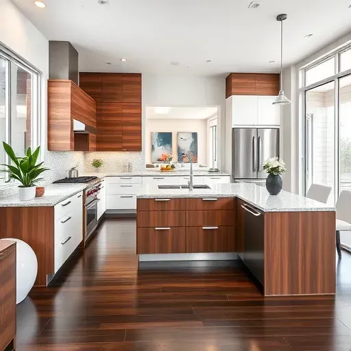 Modern kitchen remodel in Poway CA featuring stainless steel appliances, granite countertops, rich walnut cabinetry, and natural light.