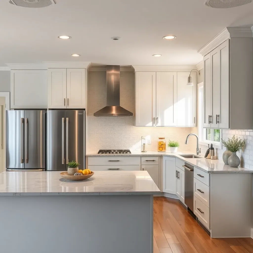 Modern kitchen in Clairemont, CA with white cabinets, quartz island, stainless appliances, and hardwood floors.