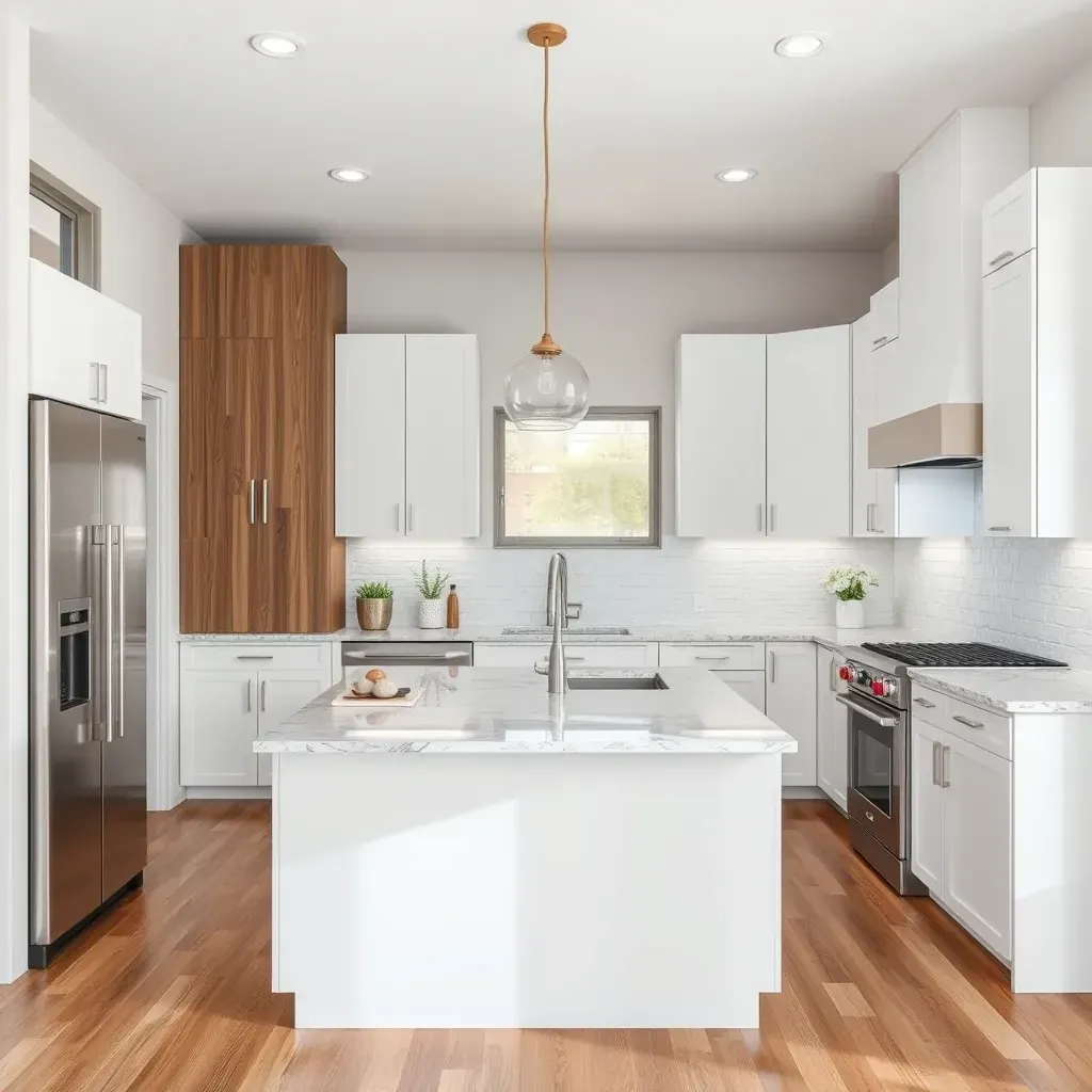 Modern Rancho Bernardo kitchen with large windows, white cabinets, quartz countertops, stainless appliances, hardwood floors.