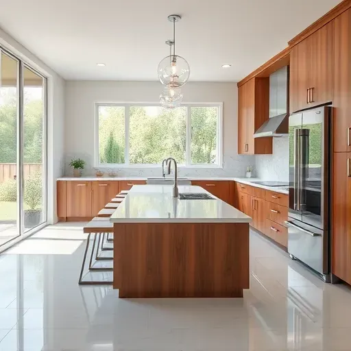 Modern remodeled kitchen in Poway CA with stainless appliances quartz countertops custom wood cabinets bright open layout lush outdoor view