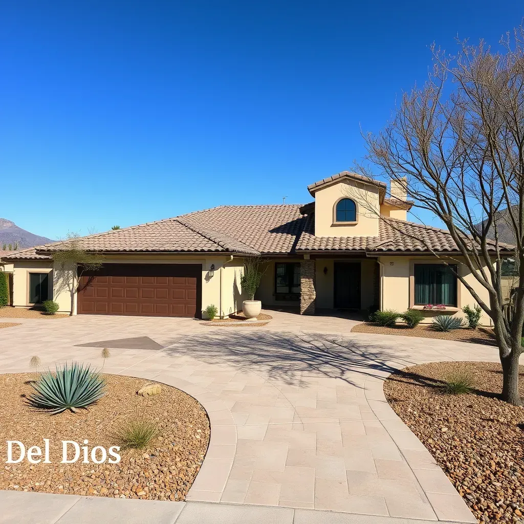 Remodeling home in Del Dios, CA with scaffolding, new siding, lush landscaping, and scenic rolling hills in the background.