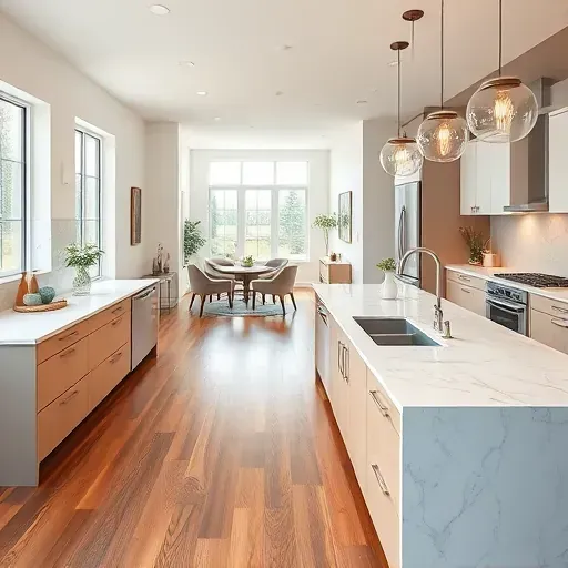 Contemporary University City kitchen with white marble countertops, polished hardwood floors, and stylish decor elements.