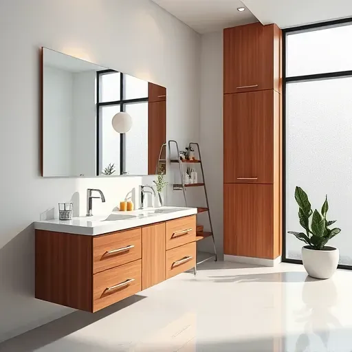 Beautiful modern bathroom in Vista CA with polished wood vanities, marble countertops, brushed nickel fixtures, and soft natural light