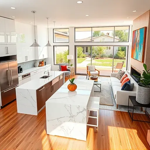Completed home remodel in Carlsbad CA featuring open-concept living space, modern kitchen, and elegant decor.