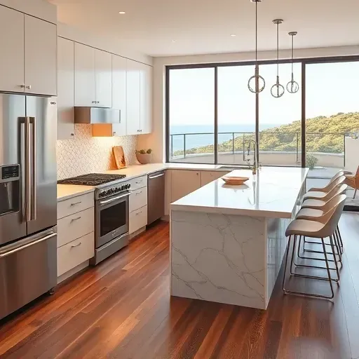 Completed modern coastal kitchen in Encinitas with matte cabinets stainless steel appliances marble island lush landscape view natural light