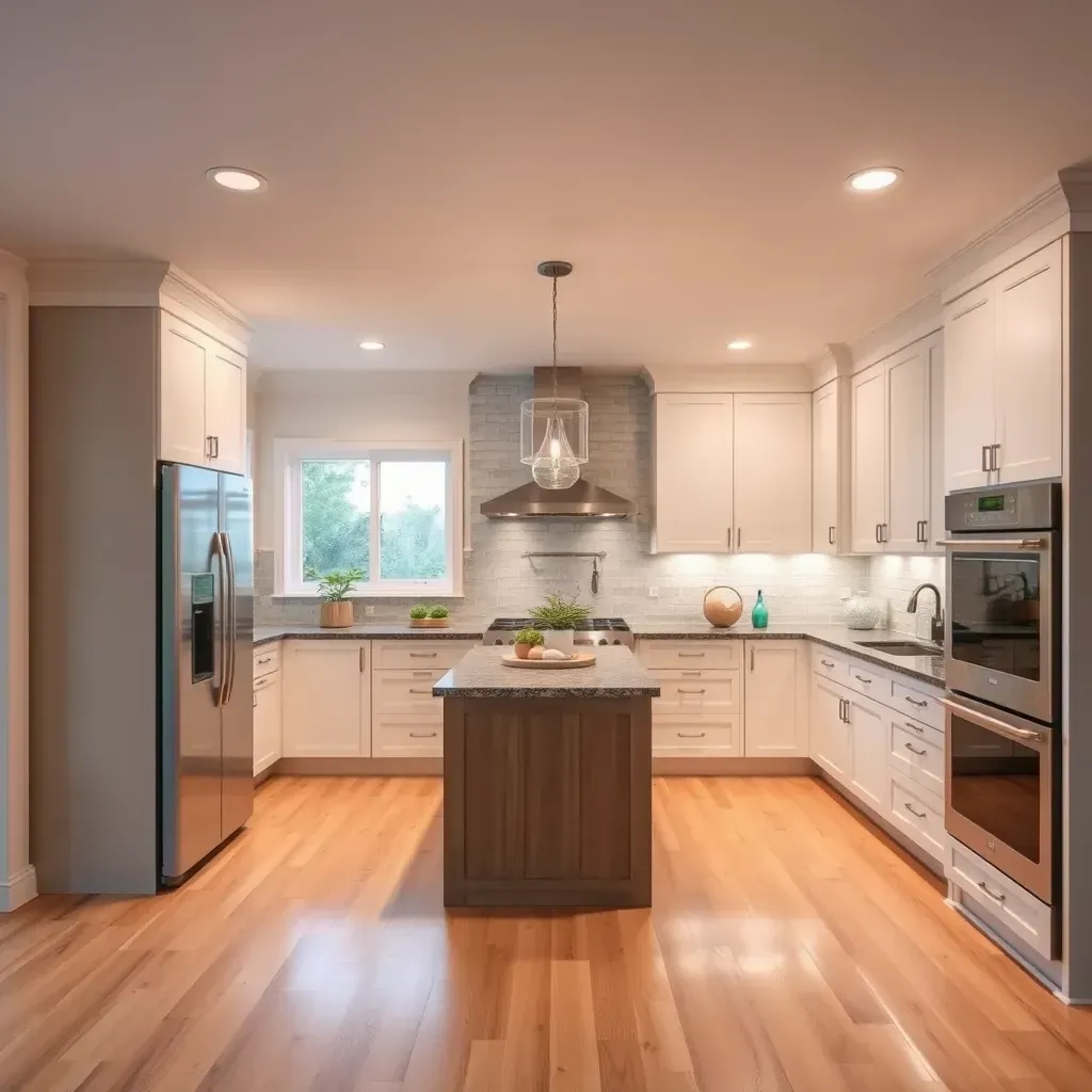 Spacious Morro Hills kitchen with granite countertops, rustic oak cabinets, stainless steel appliances, and scenic outdoor views.