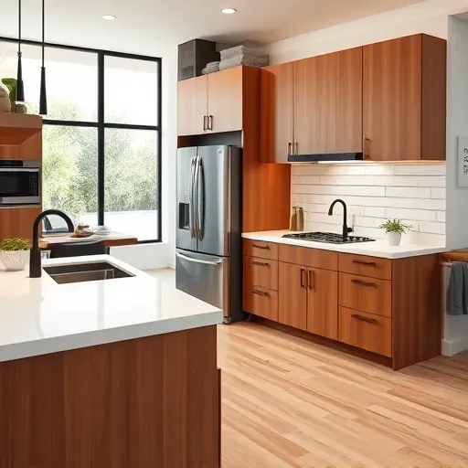 Remodeled Pala Mesa kitchen with warm wood cabinetry, white quartz countertops, black hardware, stainless appliances, and natural light