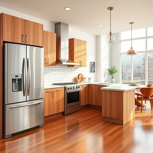 Recently renovated Deer Springs CA kitchen with modern wood cabinetry stainless steel appliances quartz countertops and open dining area