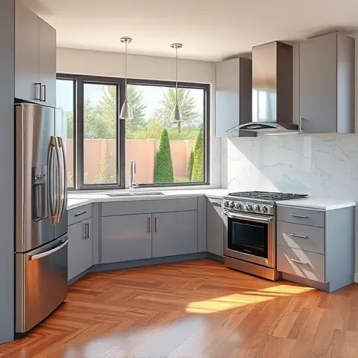 Remodeled Vista CA kitchen with sleek gray cabinets quartz countertops stainless steel appliances hardwood floors and large windows