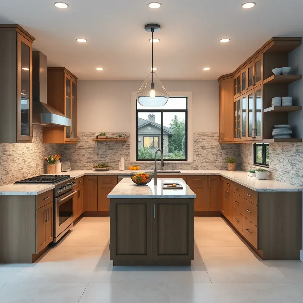 Modern kitchen in Olivenhain, CA with navy blue cabinets, marble island, quartz counters, stainless steel appliances, and large windows.
