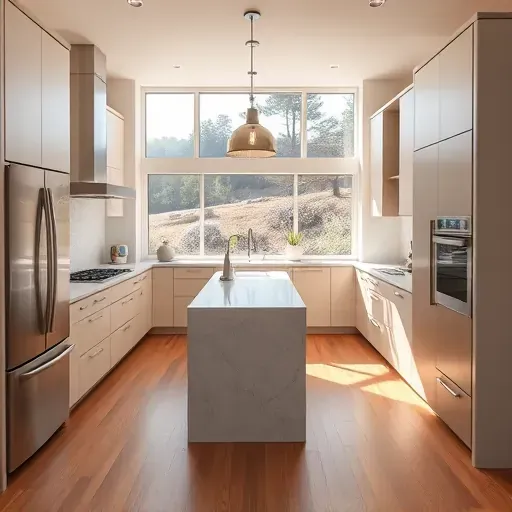 Beautiful renovated modern kitchen in Torrey Highlands CA with sleek cabinetry, stainless steel appliances, quartz countertops, large island, and scenic outdoor views