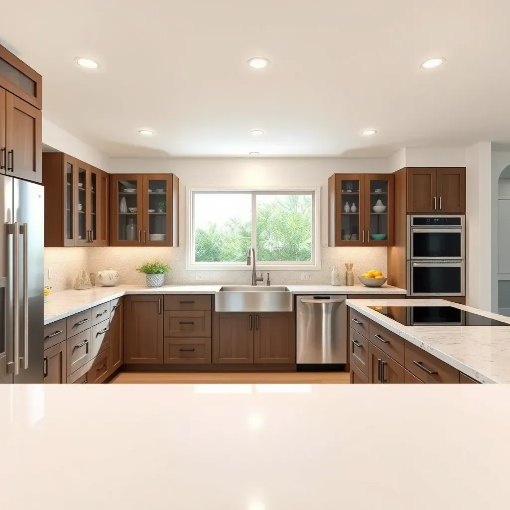Coastal Oceanside kitchen with white quartz counters, natural wood cabinets, ocean view, marble island, and stainless appliances.