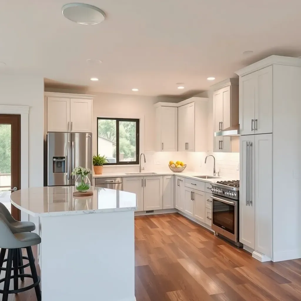 Beautiful modern kitchen in 4S Ranch, CA with white quartz countertops, dark wood cabinets, island, stainless steel appliances, and natural light.