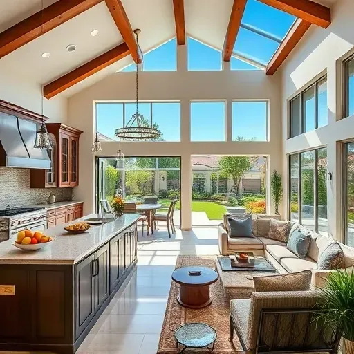 Completed home remodel in Fairbanks Ranch CA featuring modern kitchen, elegant living room, and lush outdoor patio.