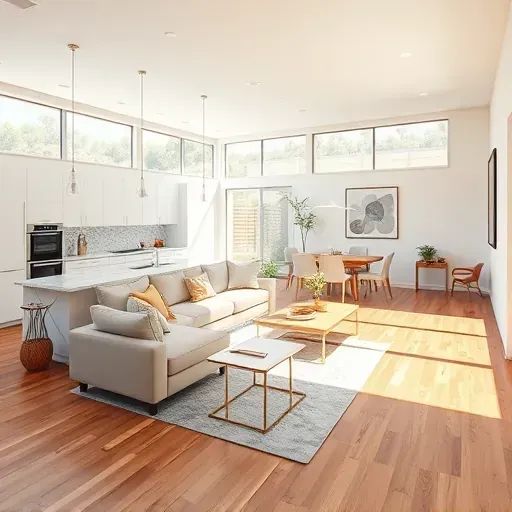 Stylish open-concept living space in Pala Mesa CA, featuring modern kitchen, hardwood floors, and inviting decor.