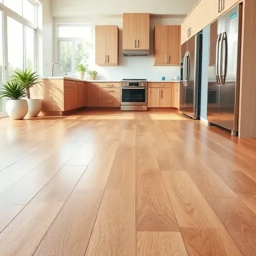 Freshly installed hardwood kitchen flooring in Vista California featuring warm tones, natural grain, and seamless texture