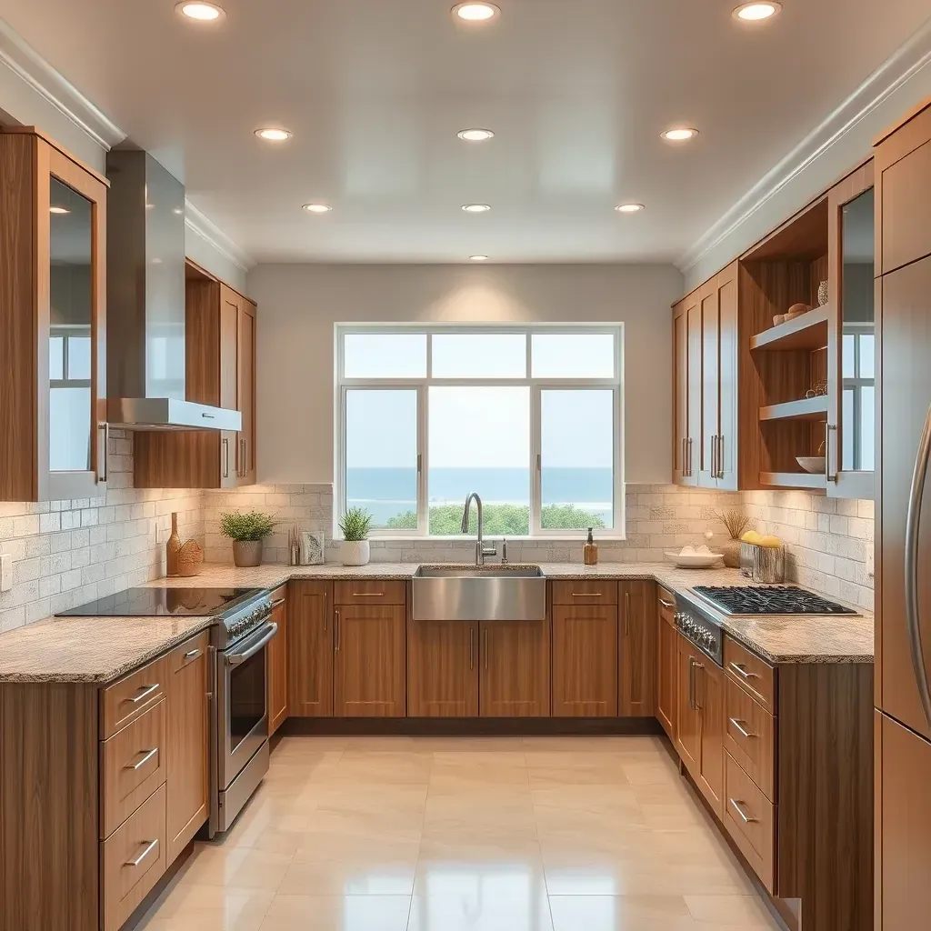 Modern Leucadia kitchen featuring ocean-view window, white quartz countertops, natural wood cabinets, blue glass backsplash, and island.