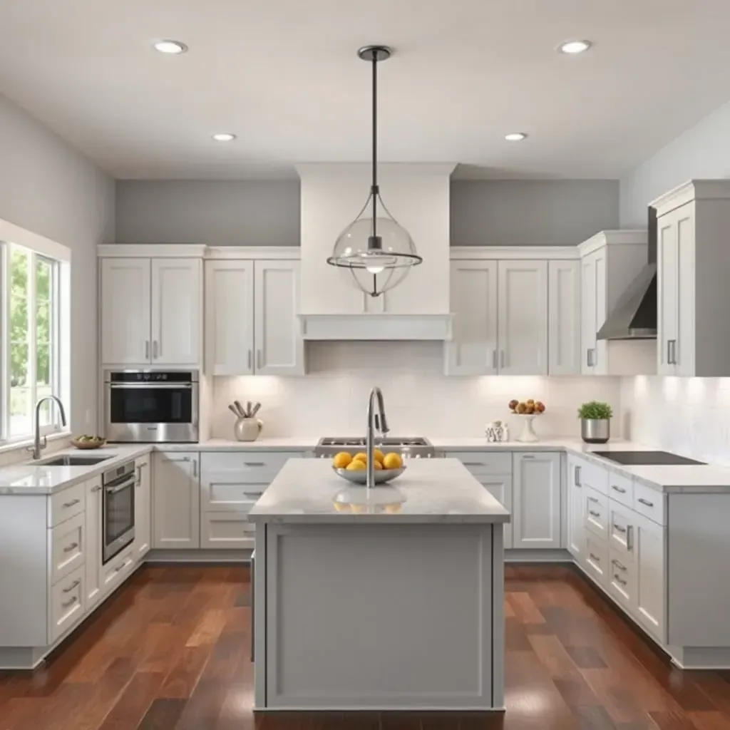Modern Harmony Grove kitchen with white quartz countertops, navy blue cabinets, hardwood floors, stainless appliances, and natural light.