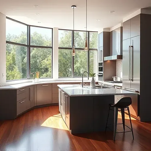 Remodeled Valley Center CA kitchen with matte cabinetry quartz countertops pendant lighting stainless appliances and natural sunlight