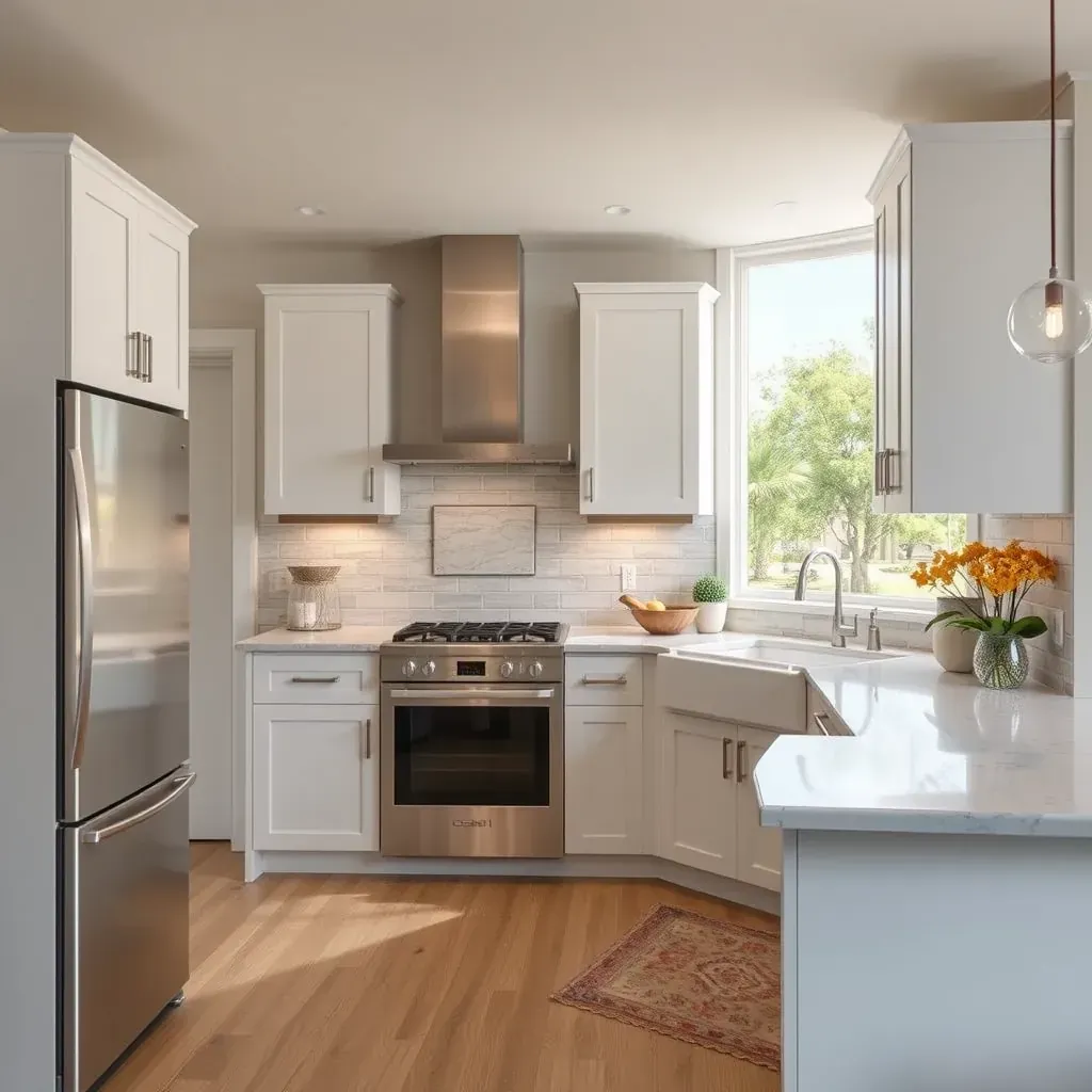 Modern Deer Springs kitchen with sleek cabinetry, granite counters, island, stainless appliances, and mountain views.