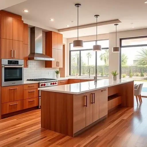 Completed modern kitchen in Del Dios CA with wood cabinetry granite island stainless appliances upscale design and scenic outdoor view