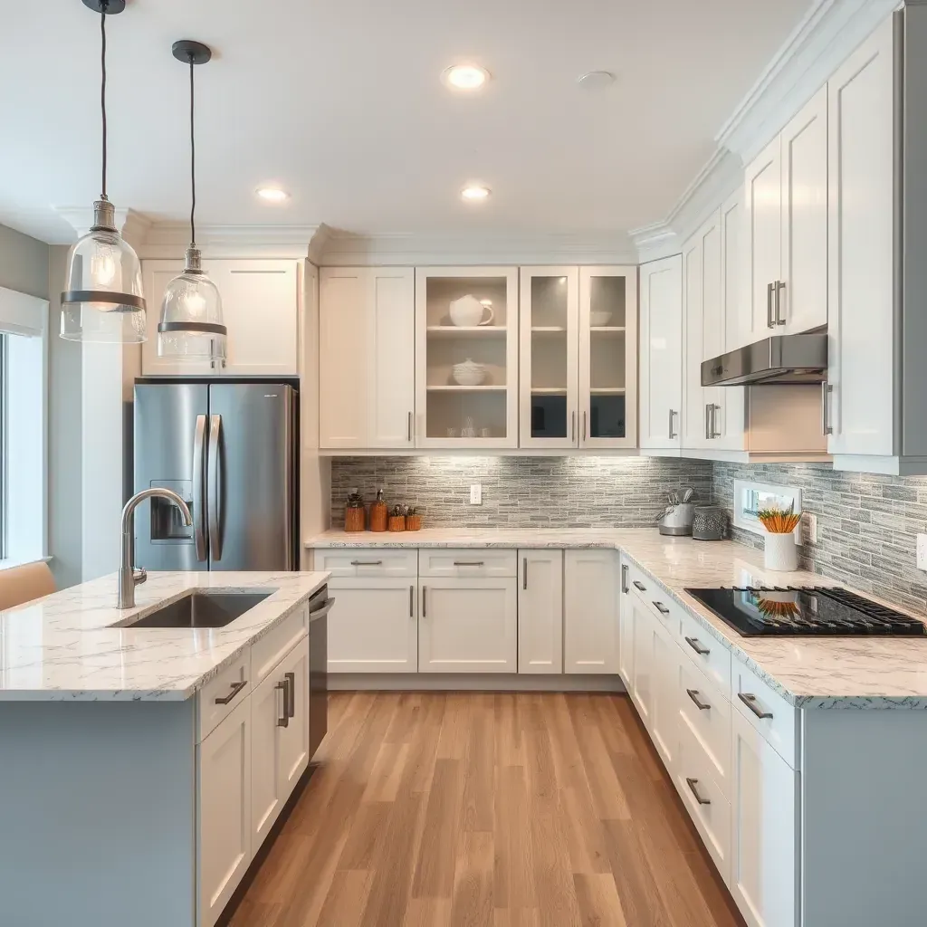 Modern kitchen in Hidden Meadows, CA with quartz counters, white shaker cabinets, colorful backsplash, and scenic hill view.
