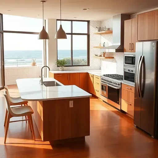 Modern remodeled Oceanside CA kitchen with quartz countertops, stainless steel appliances, warm wood cabinets, and coastal views