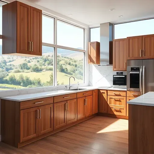 Modern Vista kitchen with polished wooden cabinetry, stainless steel handles, marble countertop, high-end appliances, and scenic greenery view