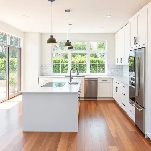 Remodeled Carmel Valley kitchen with hardwood floors, quartz countertops, white cabinetry, central island, and garden view