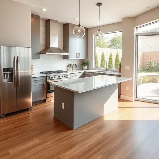Freshly remodeled kitchen in Sabre Springs with modern design, stainless steel appliances, and warm hardwood flooring.