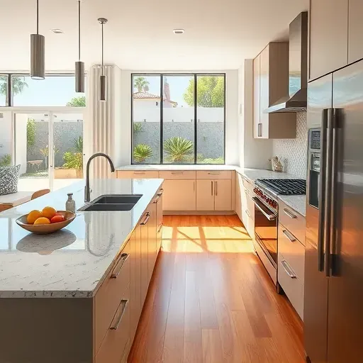 Remodeled Olivenhain kitchen with granite counters stainless steel appliances natural light wood floors and garden view