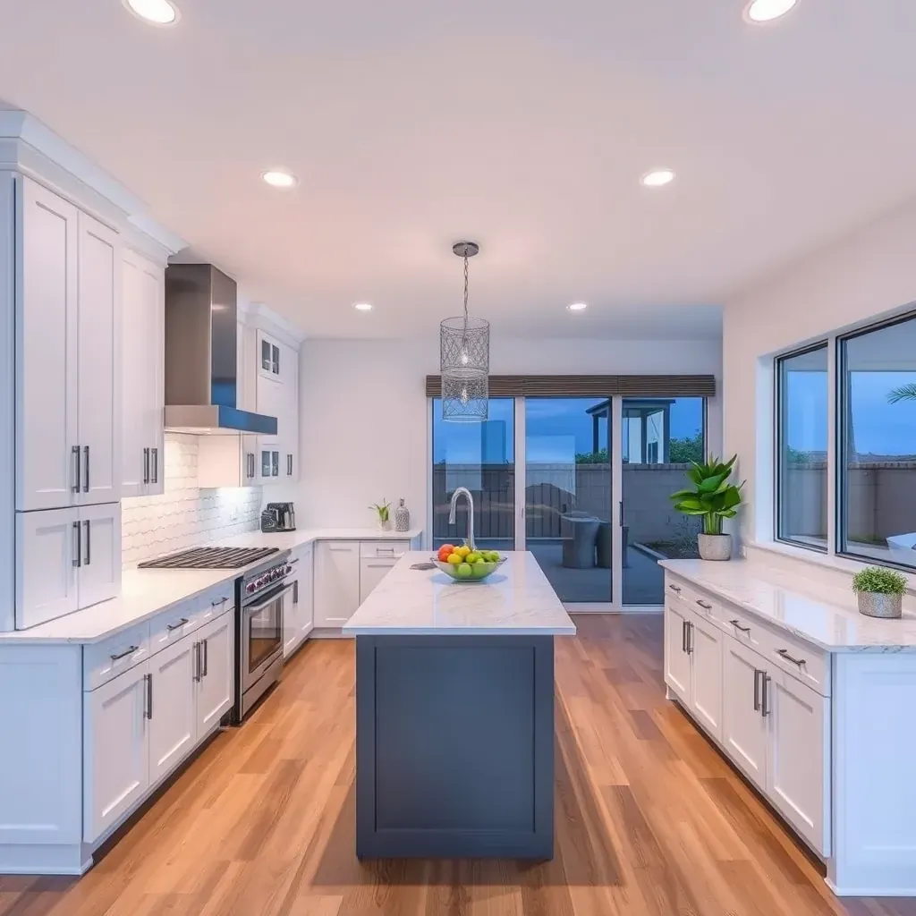 Modern remodeled Carlsbad home with coastal design, stucco exterior, energy-efficient windows, stone accents, wooden deck, and drought-tolerant landscaping.