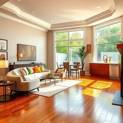 Modern open-concept living area in Rancho Bernardo with sleek furniture, warm tones, and bright natural light.