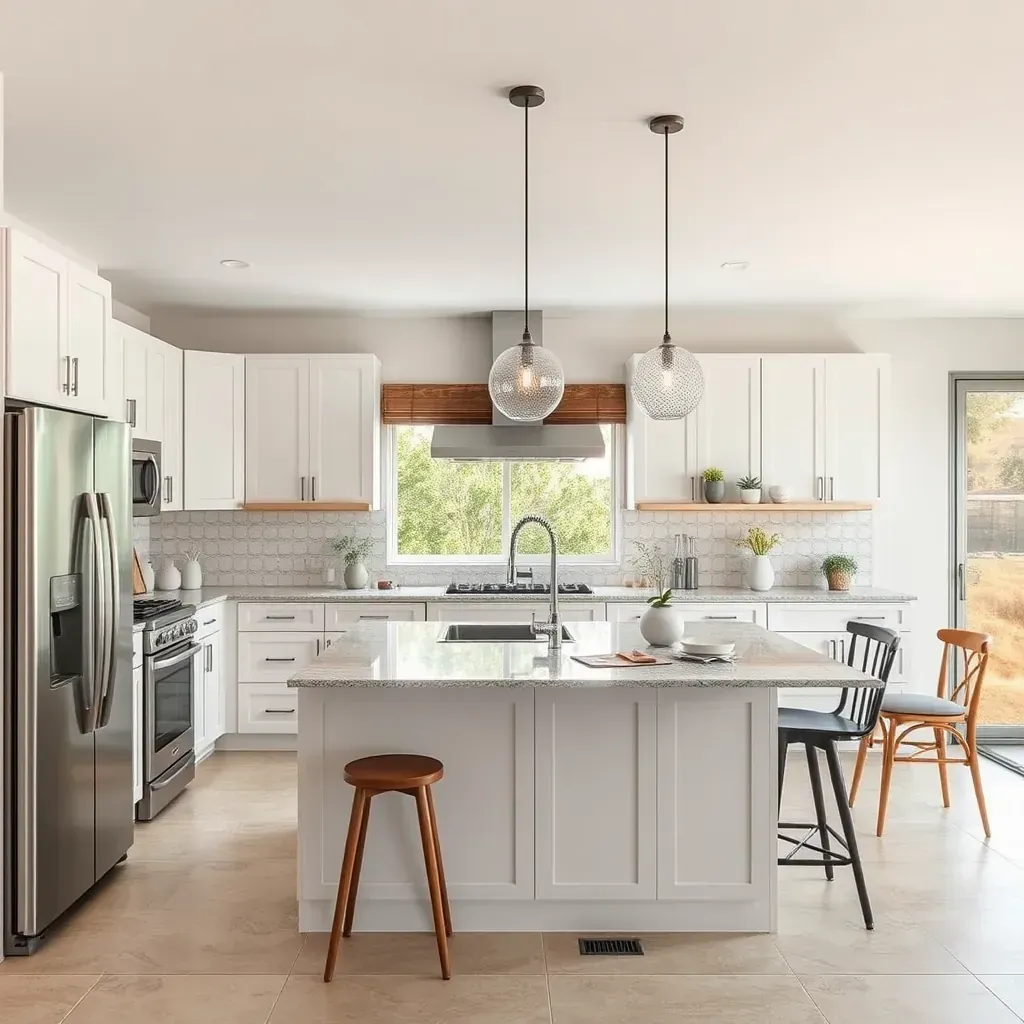 Beautiful modern kitchen in Bonsall, CA, featuring sleek cabinets, marble countertops, and stainless-steel appliances.