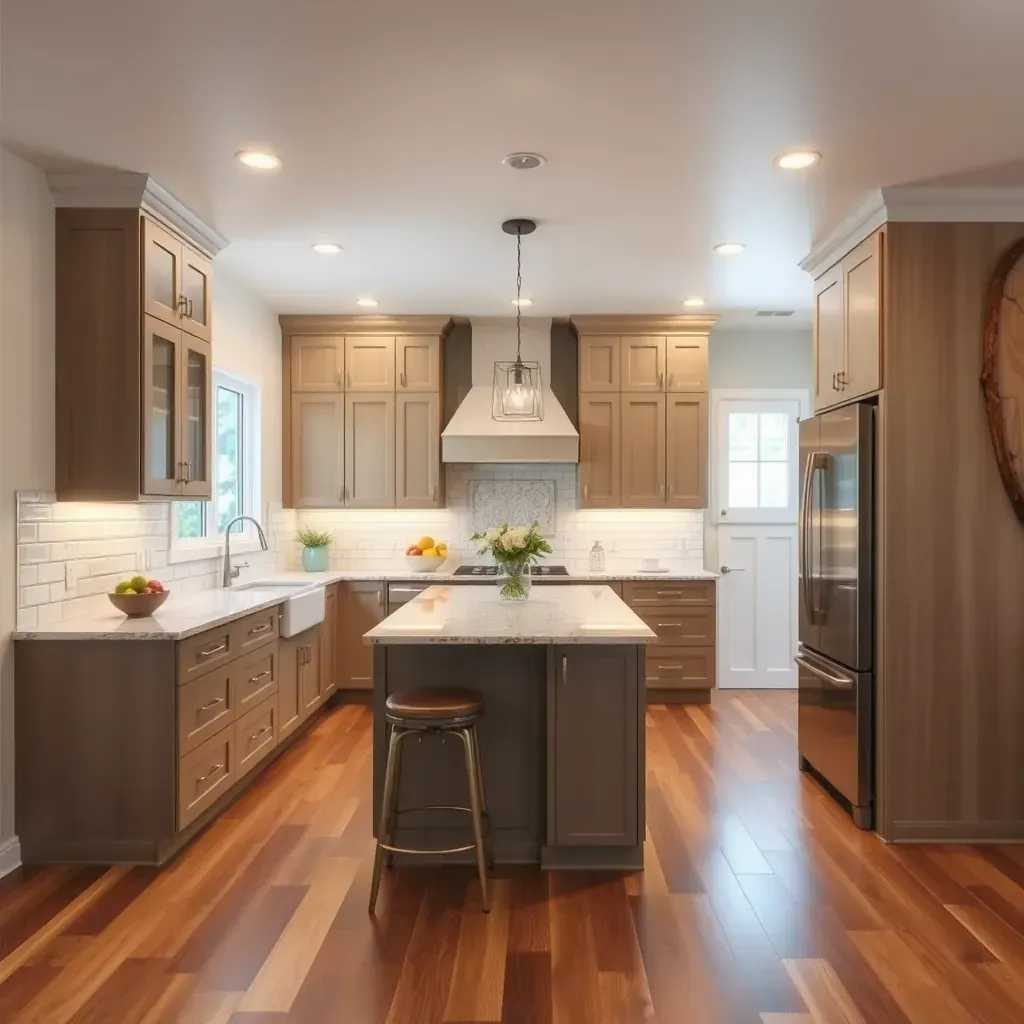 Modern Carlsbad kitchen with navy blue and oak cabinets, quartz island, stainless appliances, white subway tile, and natural light.